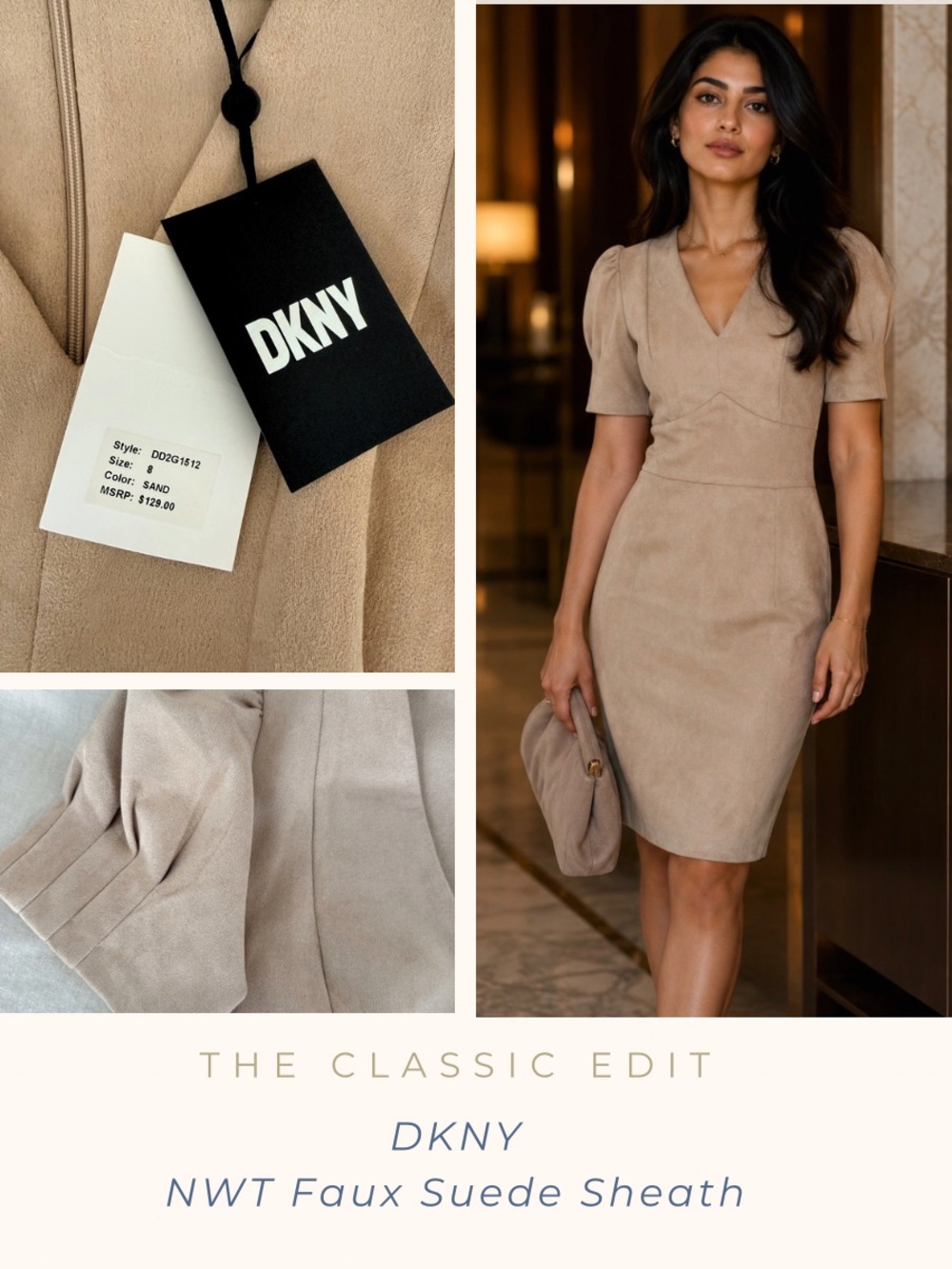 NWT DKNY Faux Suede Sheath Dress | Soft Taupe | Puff Sleeve